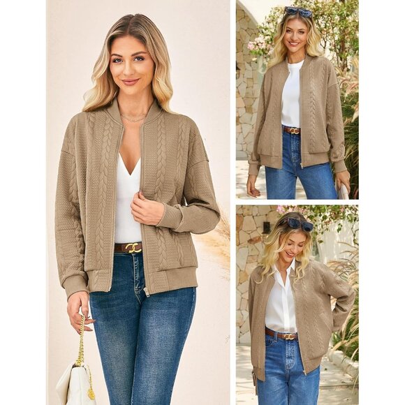 Women Khaki Lightweight Bomber Jacket Stand Collar Zip Up Fall Casual Coat - Picture 2 of 6